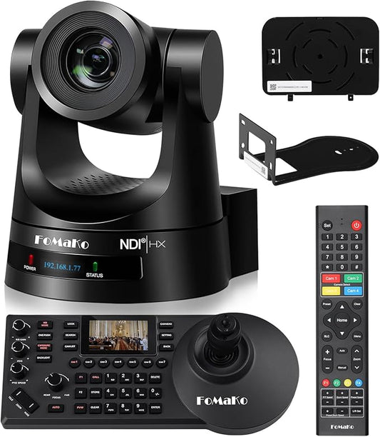 FoMaKo NDI PTZ Camera Bundle AI Auto-Tracking Gen 3 (NDI 6 & NDI HX3 Certified), 20X Optical Zoom PoE HDMI PTZ Camera for Church Worship, PTZ Controller, (NDI PTZ Bundle KN20A +KC608) BN201