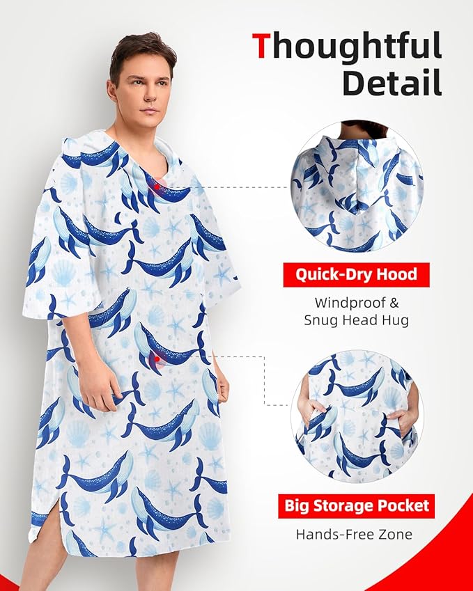 Abahub Surf Poncho Men & Women Towel Poncho Adult with Hood, Thick Quick Dry Changing Poncho Towel, Microfiber Wearable Cover Up for Surfing Beach Swim - Absorbent Changing Towel L (Blue Whale)
