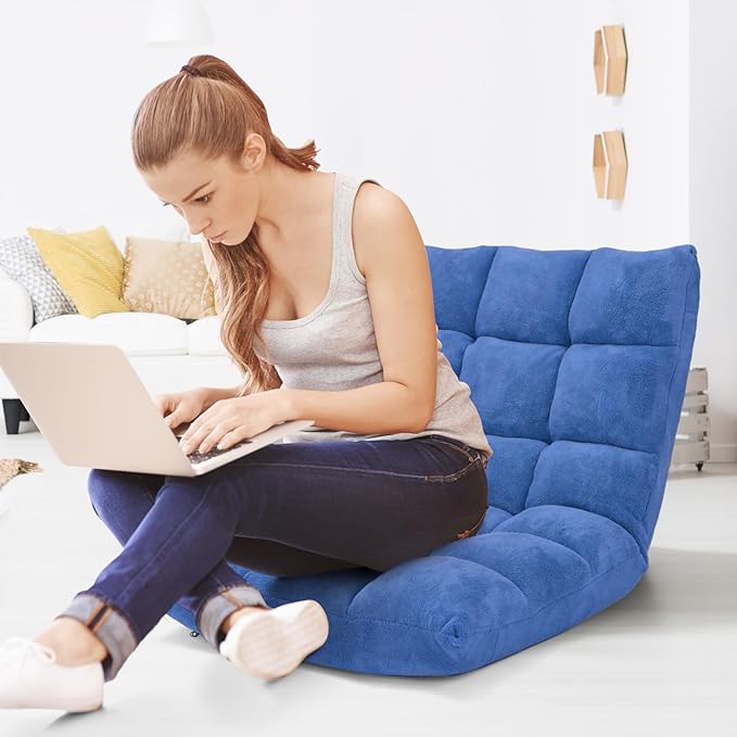 Moccha 14-Position Floor Sofa, Folding Sofa Chair with Back Support, Memory Foam Floor Gaming Chairs for Adults, Adjustable Padded Couch Recliner, Chaise Lounge for Reading, Meditating (Blue)