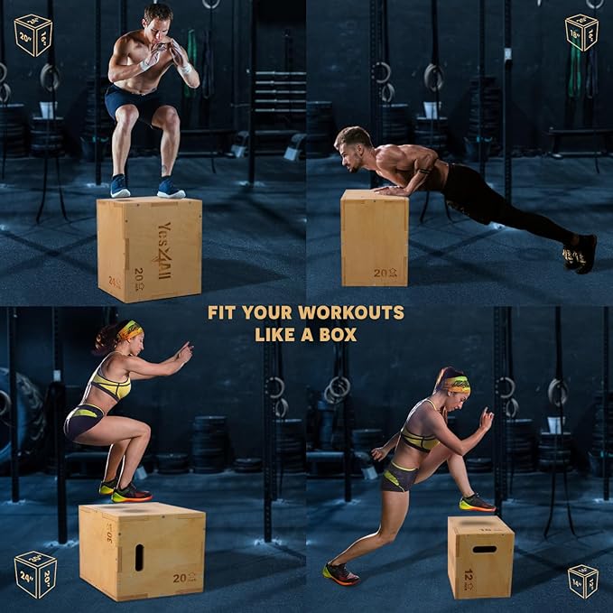 Yes4All Plyo Box, 3-in-1 Wooden Box Jumps for Home Gym (12/14/16 in), 450 lbs Boxes Step Up with Smooth Edges & Wide Built-in Handles for Jumping, Strength Training, Lunges, Squats, Dips