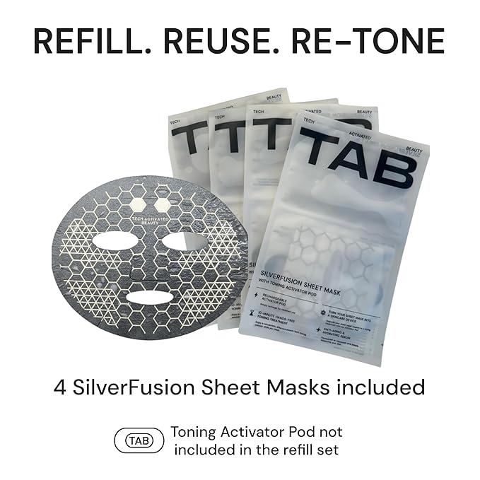 TAB SilverFusion Sheet Mask Refill Pack, Silver-Infused Face Mask Set, Hydrating Sheet Masks for Men & Women, Use with Toning Activator Pod, Pack of 4