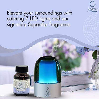 G's Breeze Smart Aroma Diffuser with 60ml Superstar Scent Refill – Bluetooth & Wi-Fi App Control, LED Lighting, Adjustable Intensity, Long-Lasting Fresh Clean Masculine Fragrance for Home or Office