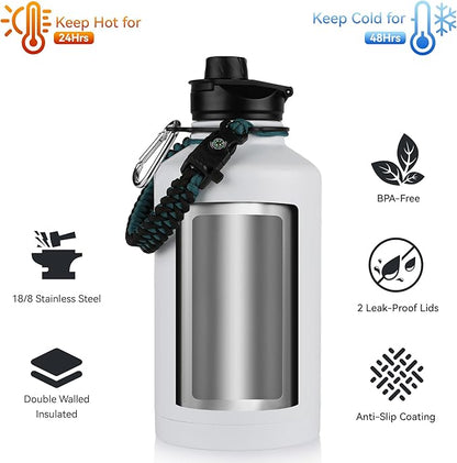 64 oz Insulated Water Bottle with Straw & Spout Lids, Stainless Steel Metal Half Gallon Water Jug with Paracord Handle, Double Wall Vacuum, Leakproof, Keep Drinks Cold & Hot, Ruby Purple Gradient