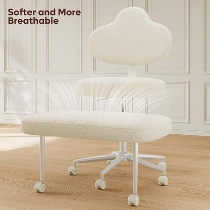 Cross Legged Office Chair with Wheels, Meditation Chair, ADHD Chair for Adults, Wider Height Adjustable Backrest and Seat, Yoga Office Chair, Teddy Fabric, Off White