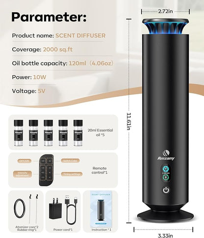 Waterless Scent Diffuser Kit, Scent Diffuser with 7 Lights and Breathing Lights Modes, Max coverage 2000 sq.ft.Home, Offices, Hotels and Spas Aromatherapy Diffuser Included 5 Scent Oils Remote Control