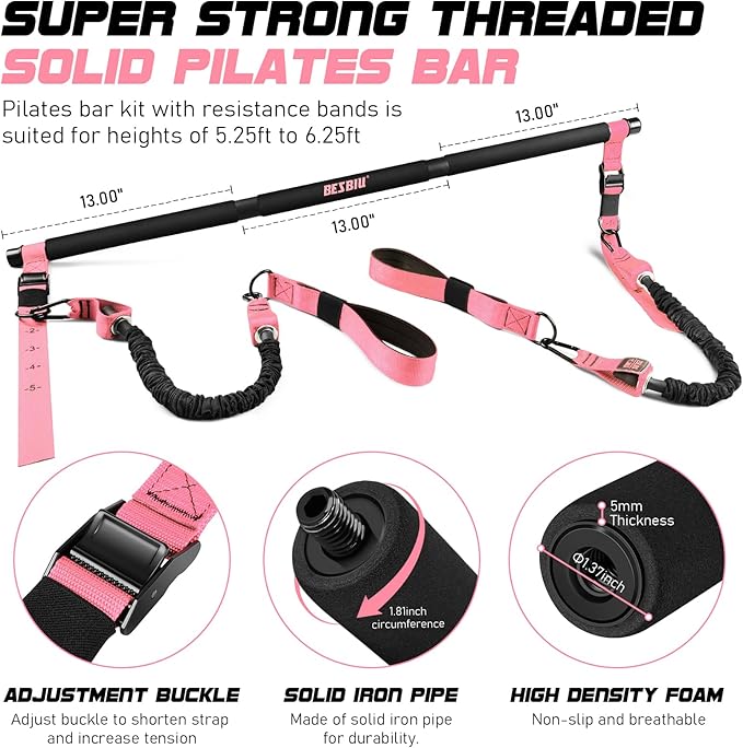 Pilates Bar Kit with Resistance Bands for Working Out, 210lbs Heavy Resistance Bands with Handles, Pilates Equipment with Resistance Band Bar for Men Women, at Home Gym Full Body Workout Equipment