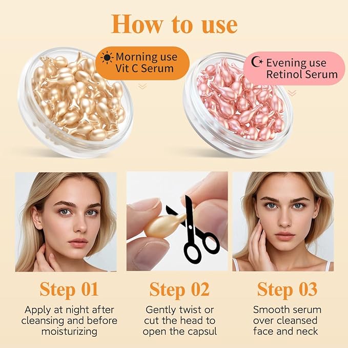 HKH Vitamin C & Retinol Serum Capsules Set - Day & Night Facial Serum Oil with Niacinamide, Vitamin E, Anti-Aging, Reduces Fine Lines, Evens Skin Tone, Hydrating & Firming for Women (38+38 Capsules)