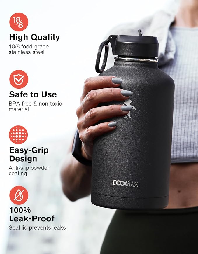 64 oz Water Bottle Insulated with Straw & 3 Lids, Coolflask Large Metal Stainless Steel Water Jug Big Half Gallon Wide Mouth for Sports, Gym or Office, Non-BPA Keep Cold 48H Hot 24H, Magic Black