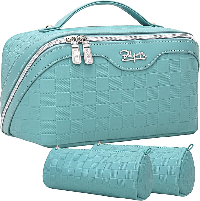 BOYATU Travel Makeup Bag Organizer Cosmetic Bag: 3 Pcs Set Make up Bags for Women with Handle - Waterproof Vegan Leather Toiletry Bags Travel Essentials Pouch with Compartments (C-02-Blue)