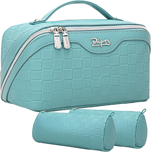 BOYATU Travel Makeup Bag Organizer Cosmetic Bag: 3 Pcs Set Make up Bags for Women with Handle - Waterproof Vegan Leather Toiletry Bags Travel Essentials Pouch with Compartments (C-02-Blue)