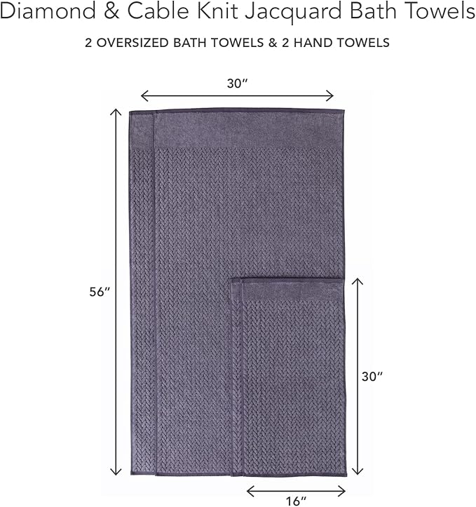 Texere 100% Organic Cotton Jacquard 650 GSM Premium Bath Towel Sets - Extra Absorbent Quick Dry and Plush (Cable, Excalibur, 2 Bath & 2 Hand Towels)