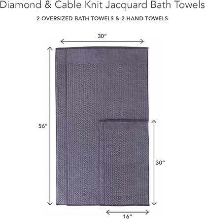 Texere 100% Organic Cotton Jacquard 650 GSM Premium Bath Towel Sets - Extra Absorbent Quick Dry and Plush (Cable, Excalibur, 2 Bath & 2 Hand Towels)