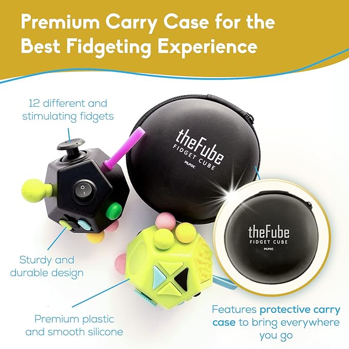 PILPOC theFube Fidget Cube with 12 Sides - Handy Anxiety Toys for Kids and Adults - Fidget Dice for Stress Relief & Focus - Anti Stress Cube for ADHD, ADD, with Carry Case Black