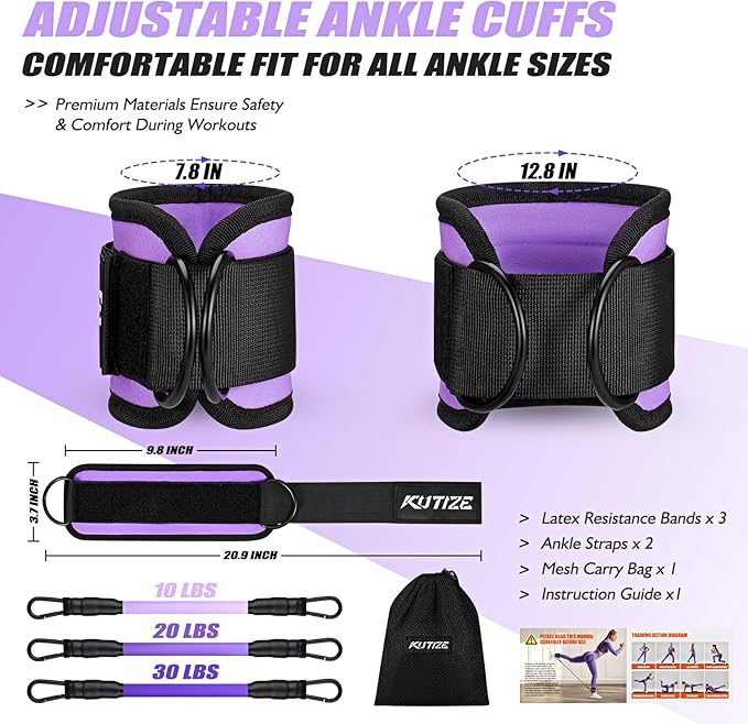 Ankle Resistance Bands with Cuffs for Women & Men - 3-Level Adjustable Leg & Glute Workout Equipment, Portable Home Gym Exercise Bands for Kickbacks, Hip Thrusts, Yoga, Strength Training