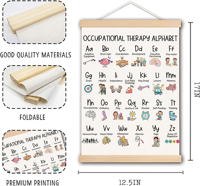 DNEULYR Occupational Therapy Alphabet Educational Wall Art Poster, Occupational Therapy ABC OTA Learning Poster for Kids Room Classroom Therapy Office Mental Health Office Decor, 12x16 Inches