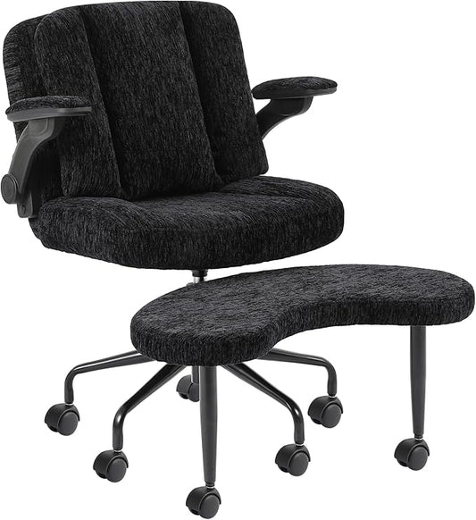 Meditation Cross Legged Armchair, ADHD Chair with Adjustable Armrests, Criss Cross Desk Chair with Flexible Back Cushion, Swivel Footrest, Arm Support and Wheels for Home Office, Black