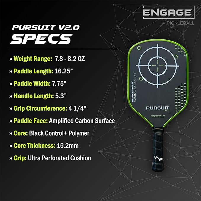 Engage Pursuit V2.0 Pickleball Paddle - Amplified Carbon Surface for Superior Control & Spin with Response+ Polymer Core, USAPA Approved - Designed for Players of Any Skill Level