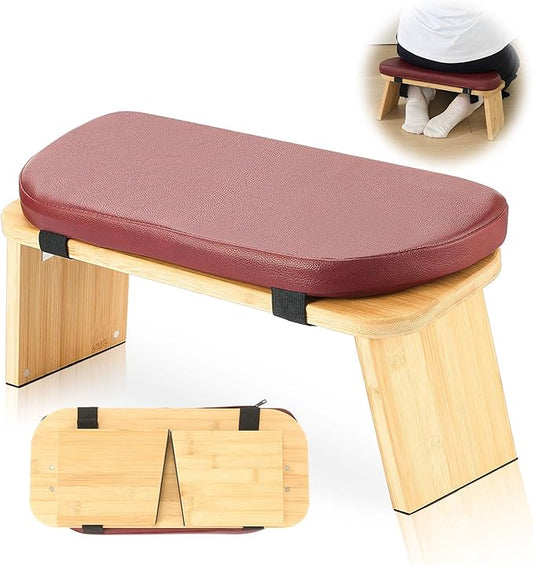 Meditation Bench with Leather Cushion, Folding Bamboo Kneeling Stool with Locking Magnetic Hinges for The Perfect Posture Seiza Bench for Yoga, Travel, Pray, Zen Practice Stool