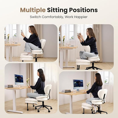 Cross Legged Office Chair, Ergonomic Cloud Criss Cross Desk Chair, Meditation Chair with Wheels, Height Adjustable Seat for ADHD, Wide Kneeling Chair with Back Support, White