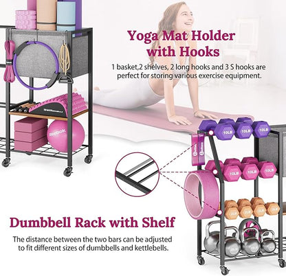 Dumbbell Rack for Kettlebell Dumber,Weight Rack Stand with Yoga Mat Holder,Home Gym Storage Rack for Gym Equipment Accessories,Workout Equipment Storage Organizer,Gym Essentials Yoga Gifts for Women