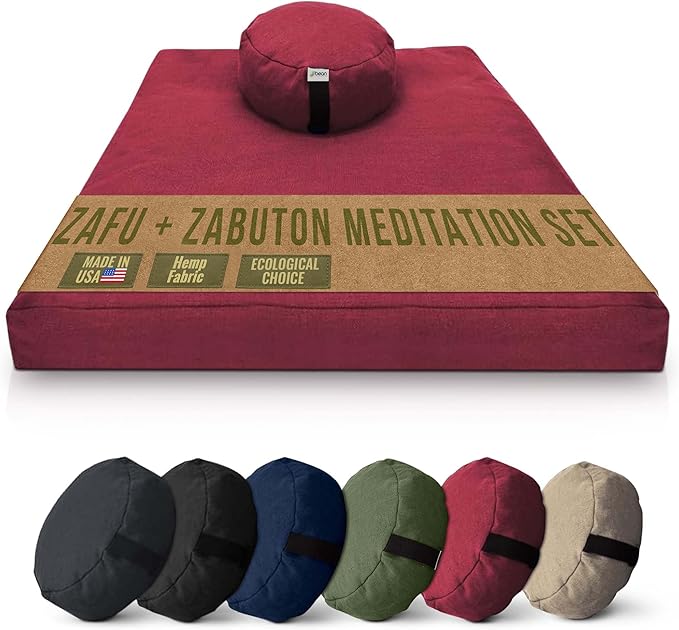 Meditation Cushion Mat Set HEMP - Round Zafu Floor Pillow Organic Buckwheat Pillow + Cotton Filled Zabuton Prayer Pad - Meditation Pillow Yoga Knee Pad - Made in USA - 14" Round, CRANBERRY Hemp