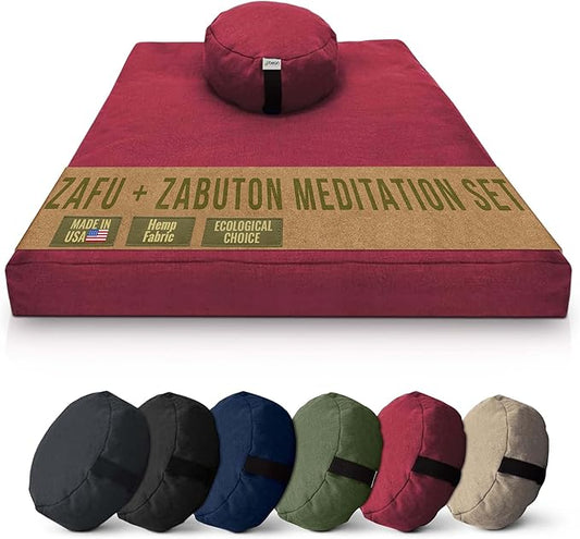 Meditation Cushion Mat Set HEMP - Round Zafu Floor Pillow Organic Buckwheat Pillow + Cotton Filled Zabuton Prayer Pad - Meditation Pillow Yoga Knee Pad - Made in USA - 14" Round, CRANBERRY Hemp