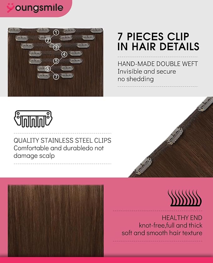 Youngsmile Clip in Hair Extensions Real Human Hair,Remy Brown Human Hair Extensions Clip in Double Weft 18 Inch 140 Grams 7 Pieces Chocolate Brown No Tangle No Shedding (7C#4-18Inch)