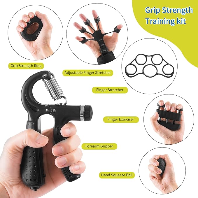 7PCS Grip Strength Trainer Kit, 2 Adjustable Forearm Resistance Grips, Finger Stretchers, Grip Ring, Hand Squeeze Ball, Finger Exercises, User Manual, Suitable for Hand Training, Suitable for Everyone
