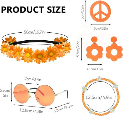 Hippie Costume Accessories Set Peace Sign Necklace Sunglasses Flower Headband Earrings for 60s 70s Outfit Party Women