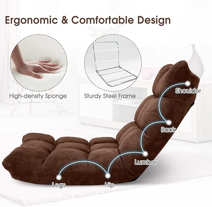 Giantex Folding Sofa Chair with 14 Adjustable Positions, Padded Sleeper Bed, Couch Recliner, Gaming Floor Chair for Adults (Brown)