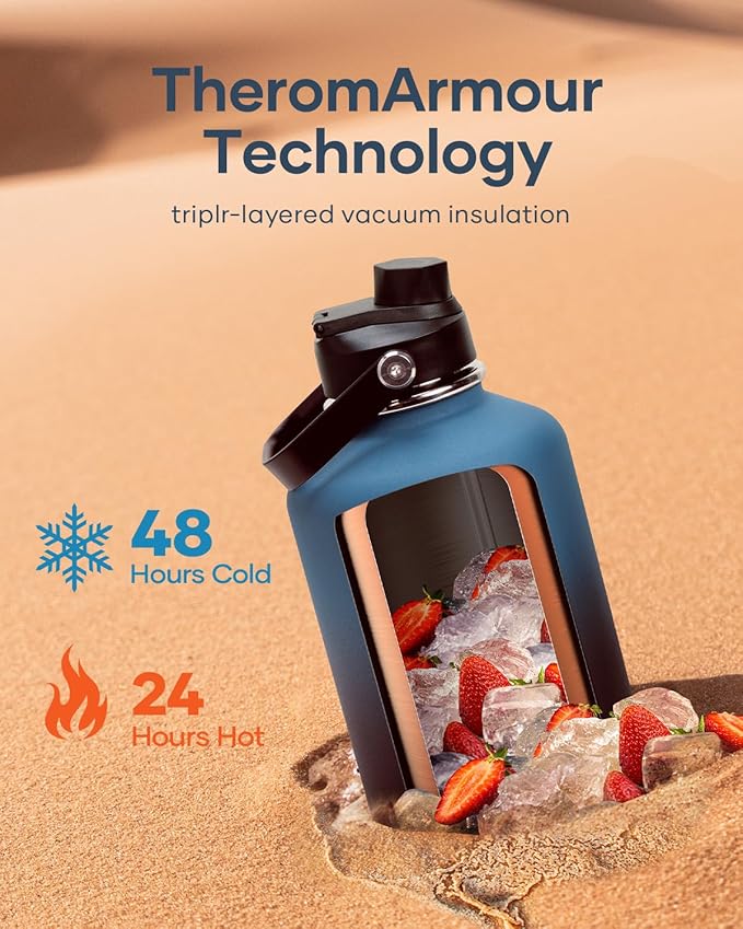BUZIO 64 oz Insulated Water Bottle, Half Gallon Stainless Steel Water Jug with Straw Lid & Carrying Case, Keep Cold 48h Large Lead-Free Vacuum Metal Thermo Water Flask for sports Camp, Indigo Crush