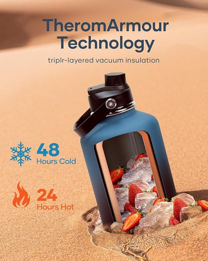 BUZIO 64 oz Insulated Water Bottle, Half Gallon Stainless Steel Water Jug with Straw Lid & Carrying Case, Keep Cold 48h Large Lead-Free Vacuum Metal Thermo Water Flask for sports Camp, Indigo Crush