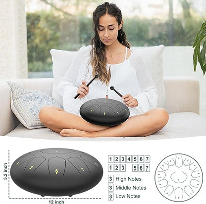 Large Steel Tongue Drum Handpan: 12 Inches 13 Notes Rain Drums for Outside Garden, Meditation Hand Pan with Music Book, Mallets and Carry Bag, Musical Instrument for Adult Kid Gift (Black)