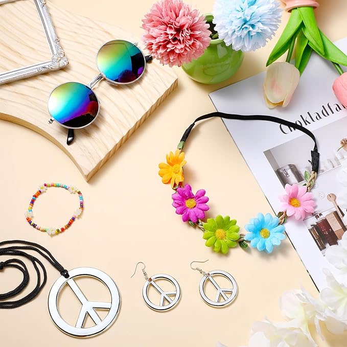 Batiyeer 6 Pcs Hippie Costume Accessories Set, Boho Peace Sign Daisy Flower 60s 70s Party Favors Decor for Groovy Party Women
