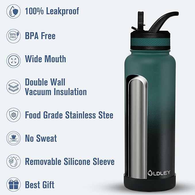 OLDLEY 40 oz Insulated Water Bottle With Straw, Stainless Steel Sports Water Cup Flask with 3 Lids(Straw, Spout and Handle Lid) Double Walled Travel Thermal Canteen Mug,Midnight Black