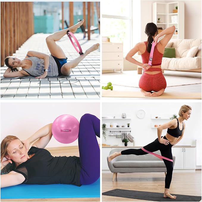 RitFit Pilates Kit - 14 Inch Pilates Ring Magic Circle with Pilates Ball, Resistance Bands & Yoga Strap, Pilates Equipment for Home Workout Toning Thighs, Arms and Core (Black/Pink)