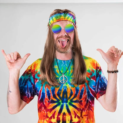 MOVINPE Hippie Accessories for Men - Hippie Wig Sunglasses Peace Sign Necklace Tie Dye Headbands, Halloween Costume 70s Disco Style 60s Outfit Fancy Dress Retro Night