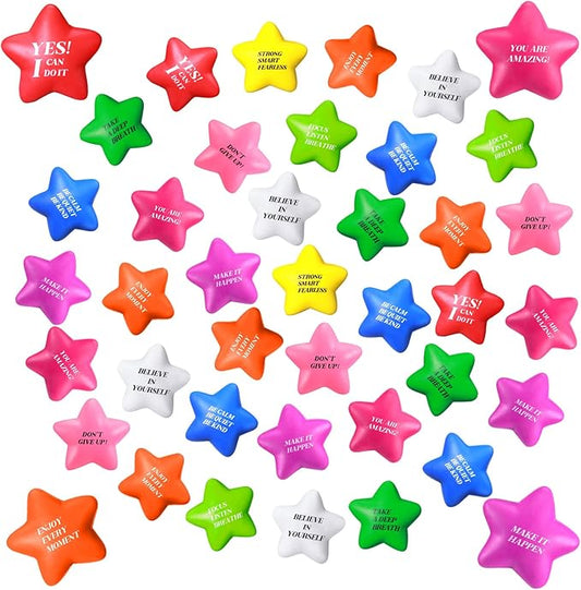 Sotiff 100 Pack Star Stress Balls Bulk Stress Relief Balls with Motivational Quotes Mini Inspirational Foam Party Favors Gifts for Kids Adults Anger Fidget Relief Exercise(Bright Colors)