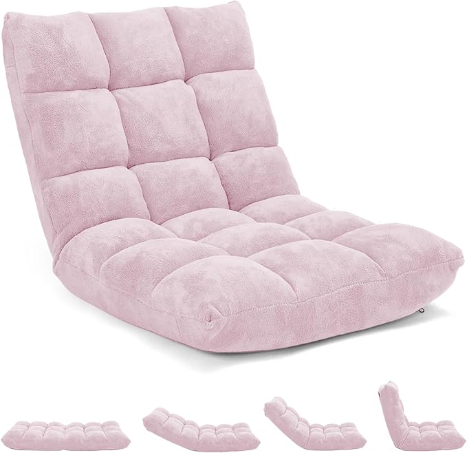 RELAX4LIFE Floor Chair with Back Support - 14-Position Adjustable Lazy Sofa Chair, Padded Sleeper Bed & Couch Recliner for Reading, Meditation, Gaming, Adults (Light Pink)