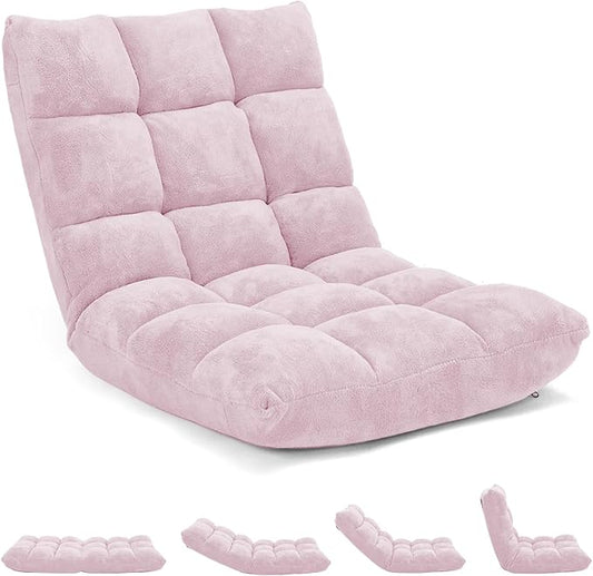 RELAX4LIFE Floor Chair with Back Support - 14-Position Adjustable Lazy Sofa Chair, Padded Sleeper Bed & Couch Recliner for Reading, Meditation, Gaming, Adults (Light Pink)