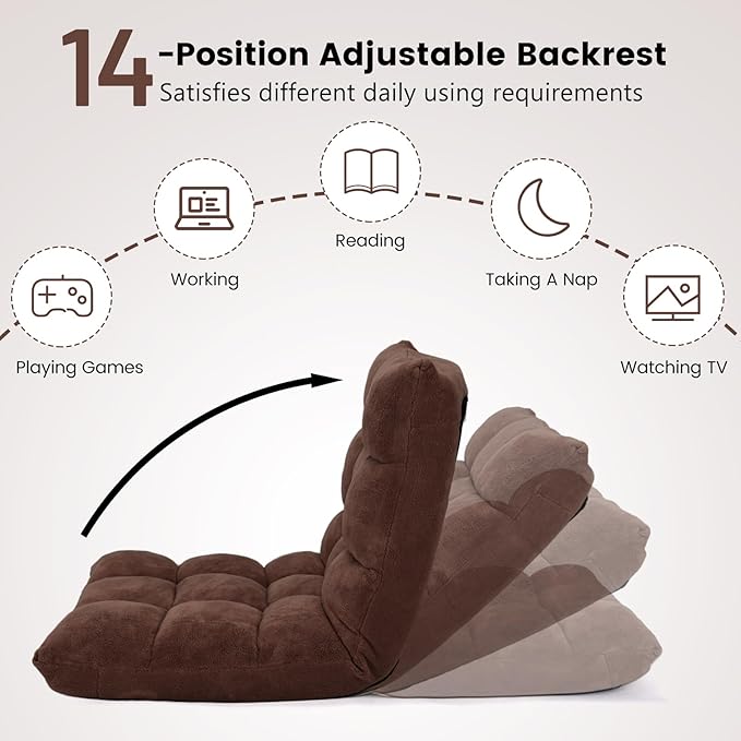 Moccha 14-Position Floor Chair, Folding Sofa Chair with Back Support, Memory Foam Floor Gaming Chairs for Adults, Adjustable Padded Couch Recliner Sleeper Bed for Reading, Meditating, Brown