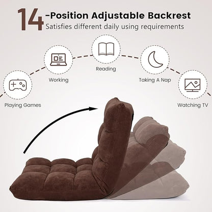 Moccha 14-Position Floor Chair, Folding Sofa Chair with Back Support, Memory Foam Floor Gaming Chairs for Adults, Adjustable Padded Couch Recliner Sleeper Bed for Reading, Meditating, Brown