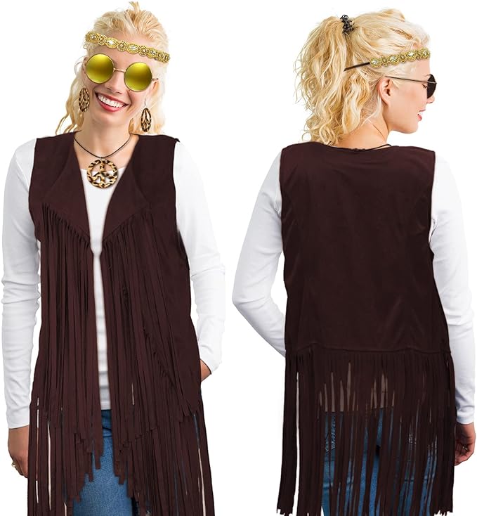 6 Pcs 60s 70s Outfits for Women Hippie Costume Set Peace Sign Earring Headband Fringe Vest Tassel Cardigan