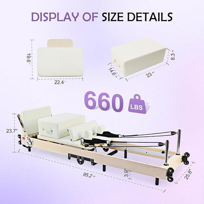 Pilates Reformer, Maple Wooden Foldable Pilates Reformer Machine with 6 Springs,Sitting Box, Padded Jump Board, 660lbs Capacity for Home Workouts Studio Yoga