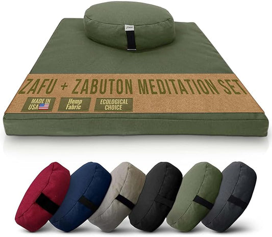 Meditation Cushion Mat Set HEMP - Large Oval Zafu Floor Pillow Organic Buckwheat Pillow + Cotton Filled HEMP Zabuton Prayer Pad - Meditation Pillow Yoga Knee Pad Made in USA - 18" Oval, CACTUS Hemp
