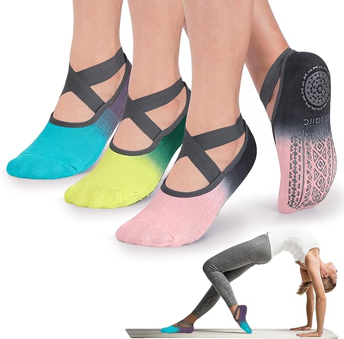 Ozaiic Yoga Socks for Women Non-Slip Grips & Straps, Ideal for Pilates, Pure Barre, Ballet, Dance, Barefoot Workout