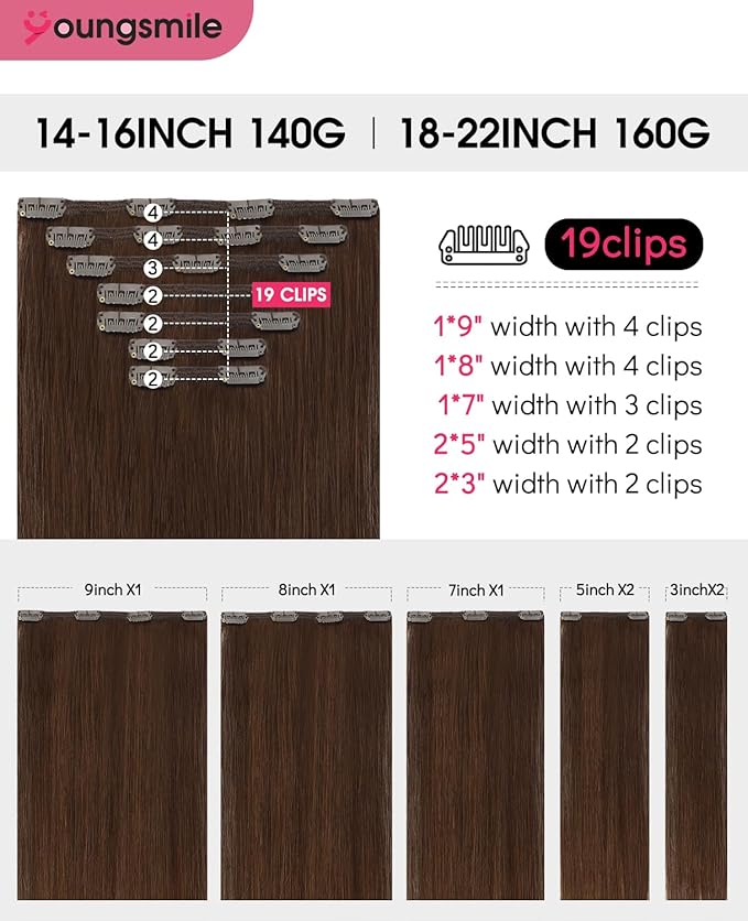 Youngsmile Clip in Hair Extensions Real Human Hair,Remy Brown Human Hair Extensions Clip in Double Weft 18 Inch 140 Grams 7 Pieces Chocolate Brown No Tangle No Shedding (7C#4-18Inch)
