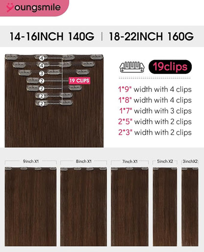 Youngsmile Clip in Hair Extensions Real Human Hair,Remy Brown Human Hair Extensions Clip in Double Weft 18 Inch 140 Grams 7 Pieces Chocolate Brown No Tangle No Shedding (7C#4-18Inch)