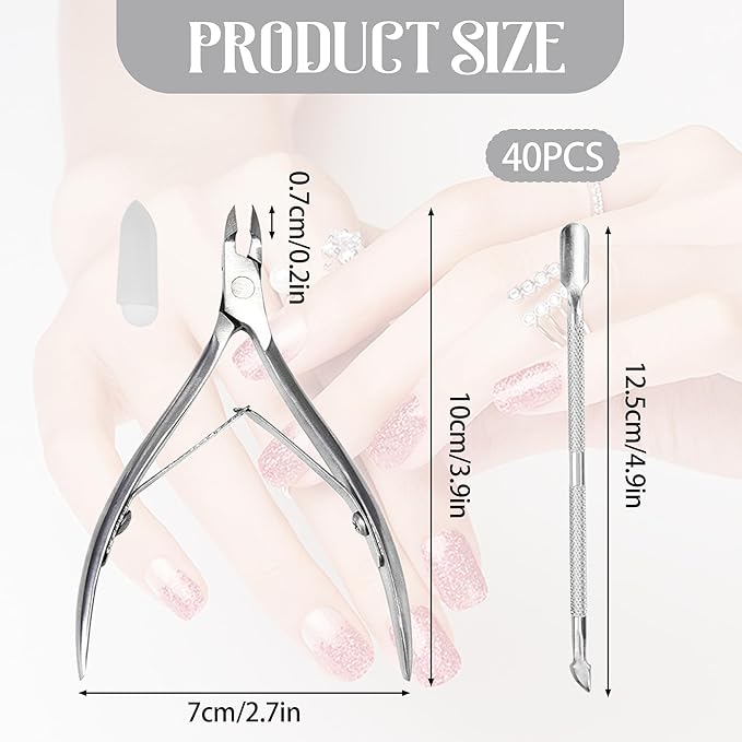 40 Pcs Cuticle Trimmer with Pusher,Stainless Steel Cuticle Nippers, Nail Edge Cutter Clippers Dead Skin Trimmer Pointed Pedicure Manicure Nipper Remover Care Tools Bulk for Fingernails Toenails