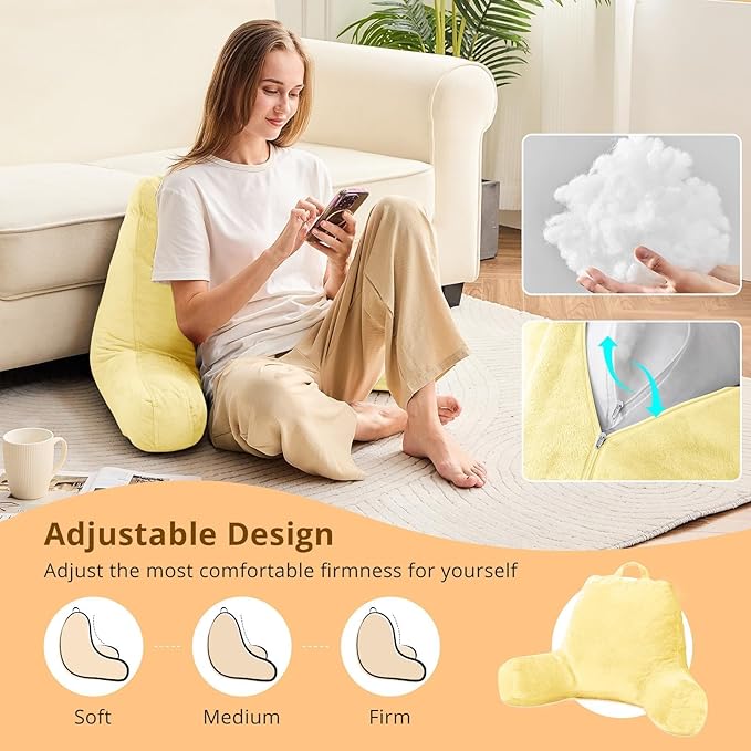 Sasttie Reading Pillow, Velvet Back Pillow for Bed Sitting Up, Adult Back-Rest Support Cushion with Arms for Sit Up on Couch, Sofa, and Floor, Dorm Essentials, Reading Accessories, Light Yellow